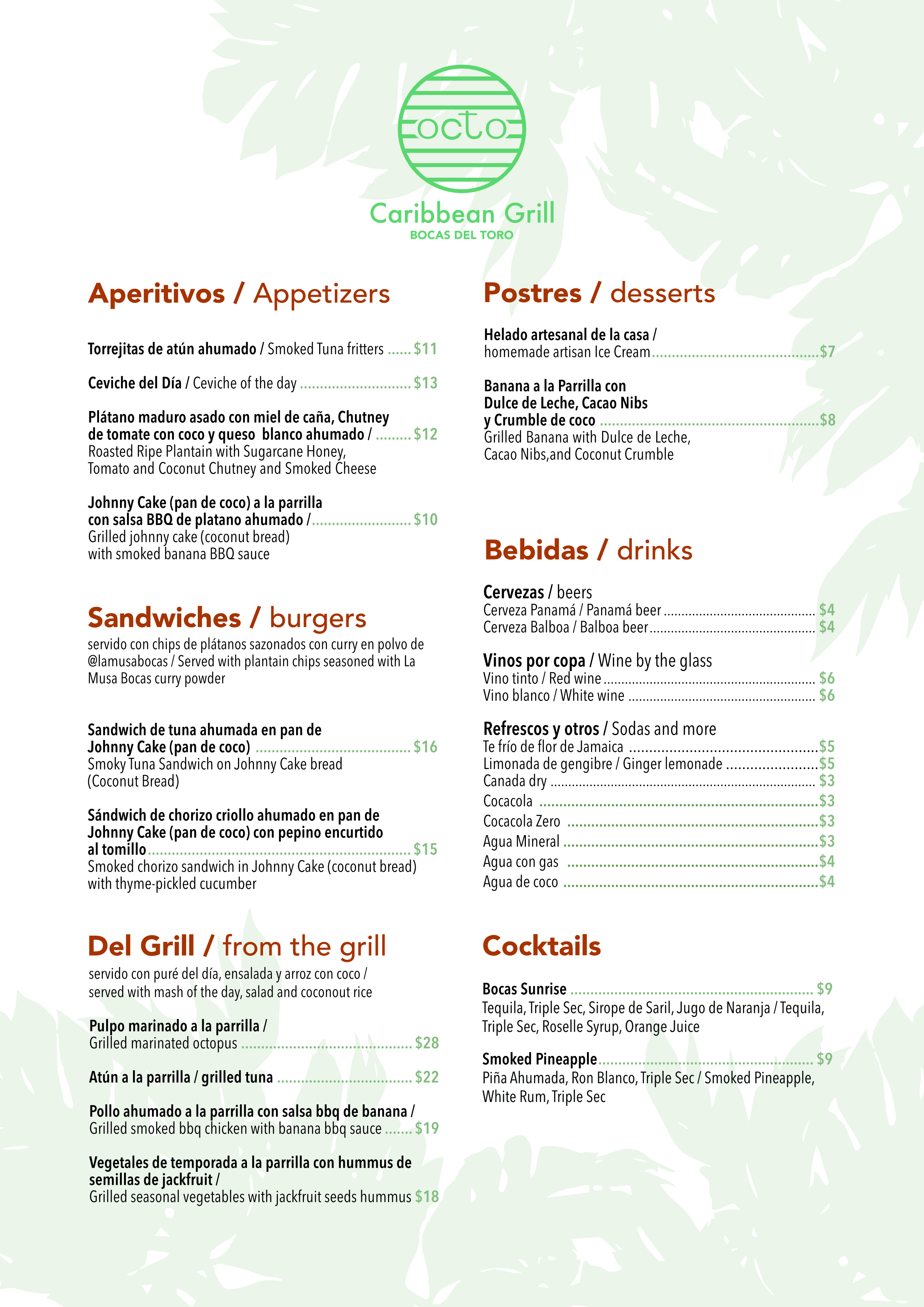 Menú completo de Octo Caribbean Grill
